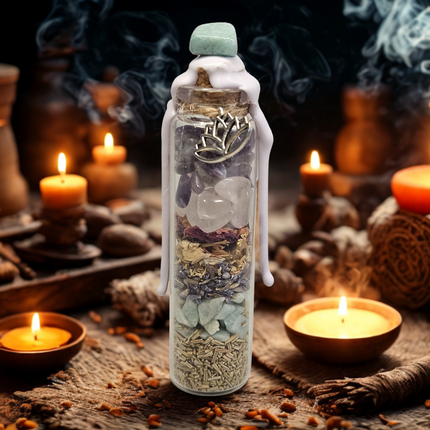 Kleines Glas mit getrockneten Blüten, Kristallen und Kräutern zur Förderung emotionaler Heilung – stimmungsvoll angerichtet, liebevoll arrangiertes Spell Jar für Trost und Herzöffnung