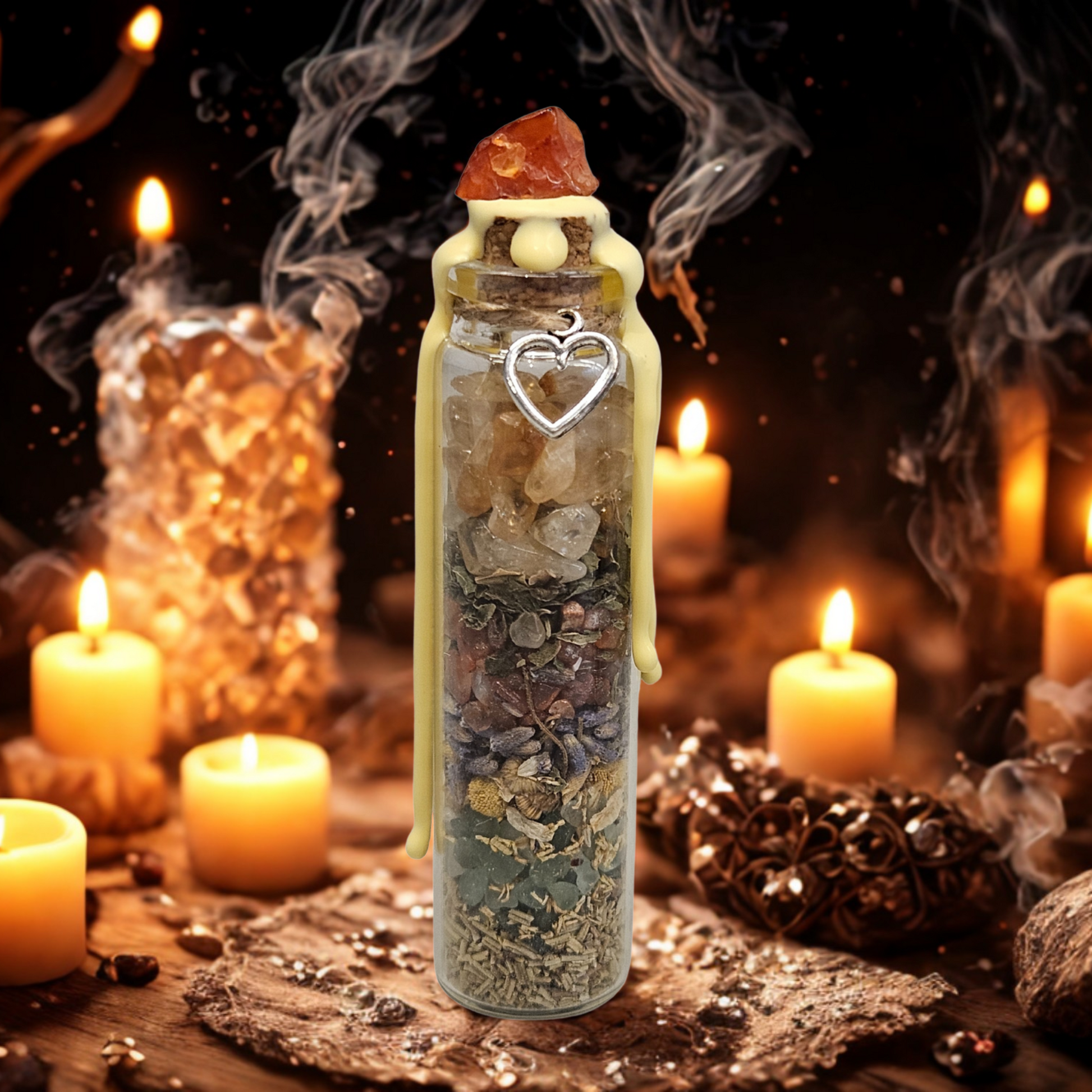 Stimmungsaufhellendes Spell Jar mit gelben Blüten, Aventurin und stärkenden Symbolen für Lebensfreude, Glück und Zuversicht. Ritual mit Kerzen und magischer Stimmung