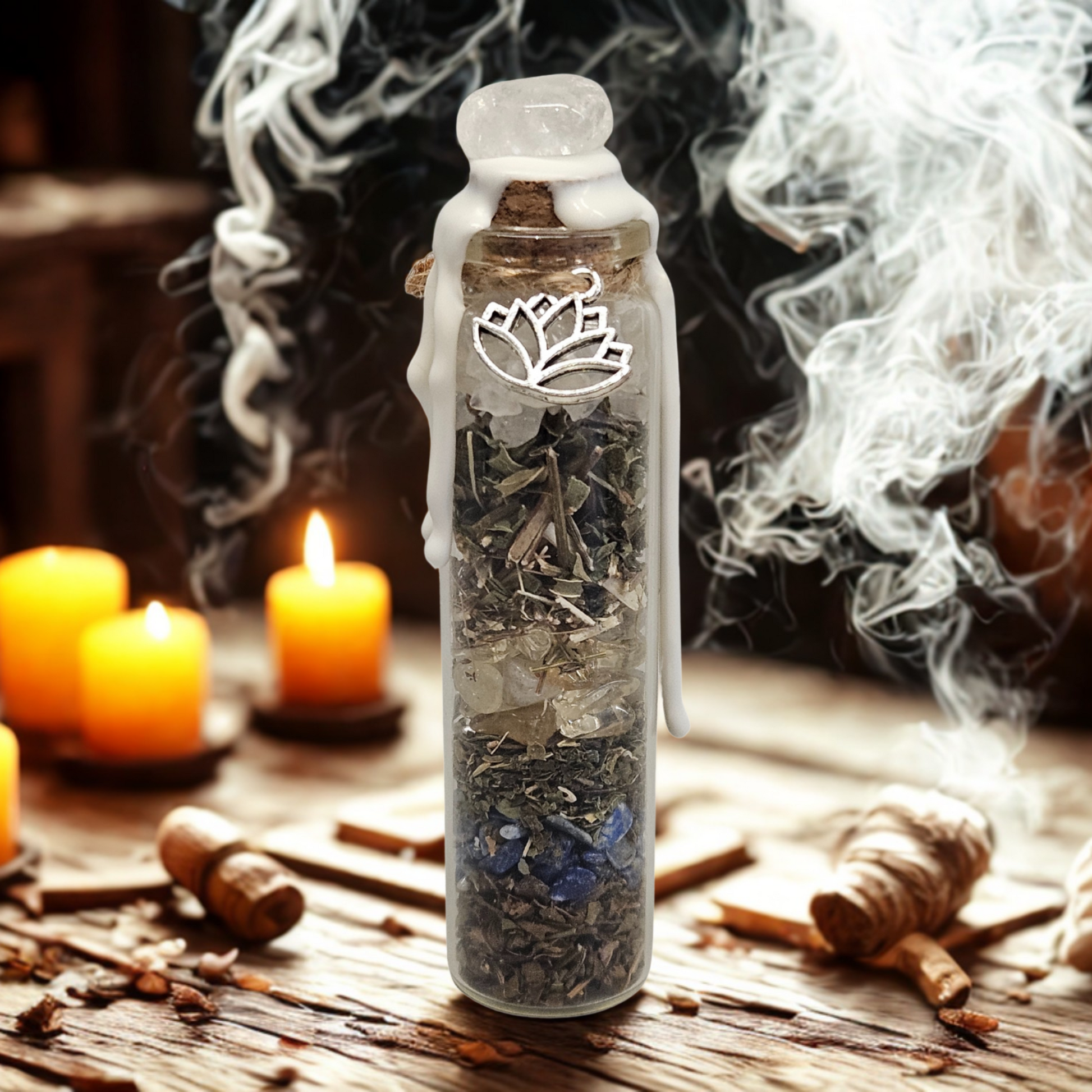 stimmungsvoll dargeestelltes Spell Jar mit Bergkristall, Pfefferminze und lichtvollen Pflanzen zur Förderung von Klarheit, Intuition und Verbindung zum höheren Selbst