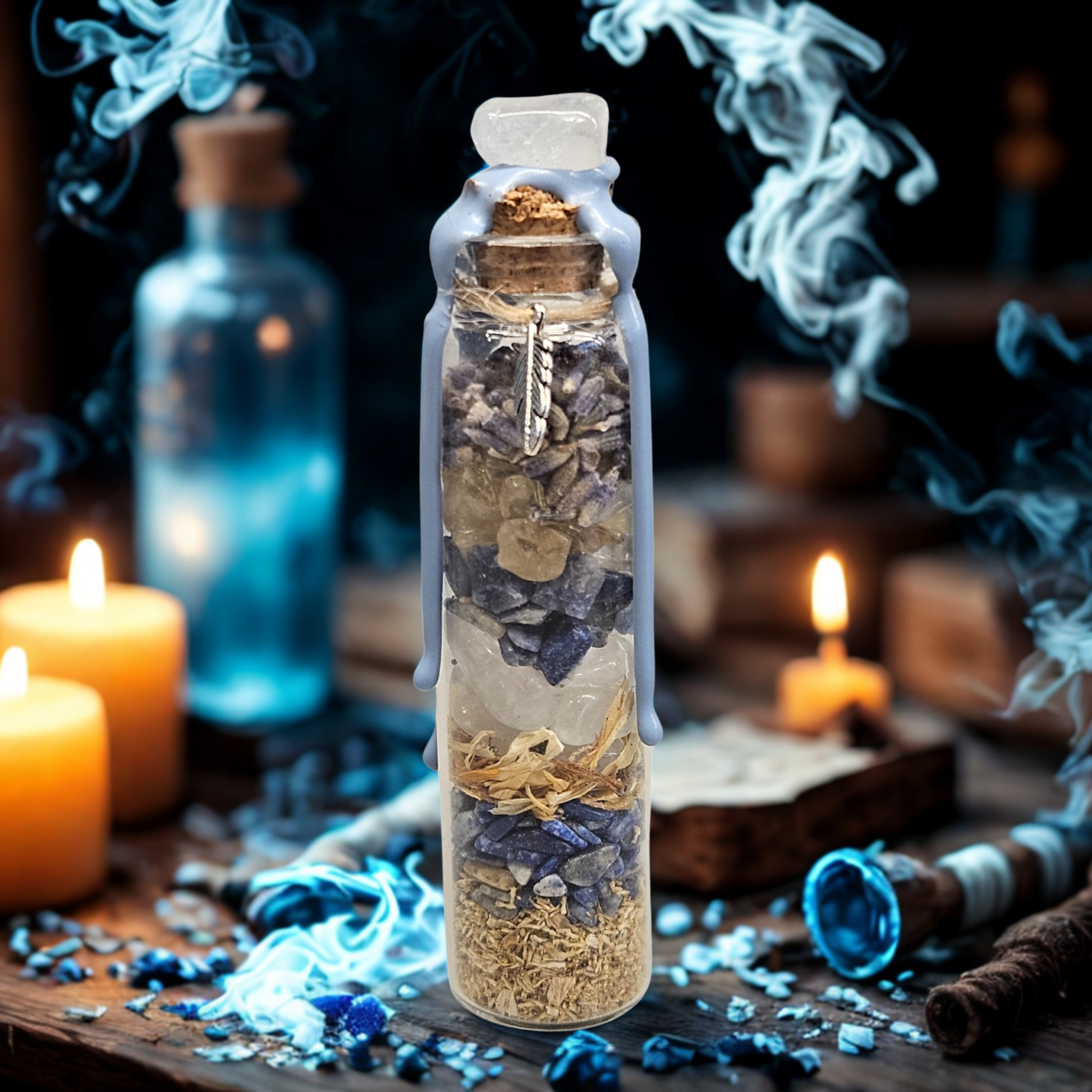 Stimmungsvolles Bild. Kleines Energieglas mit erdenden Kristallen und klärenden Kräutern zur Unterstützung bei innerer Ausrichtung und Entscheidungsprozessen
