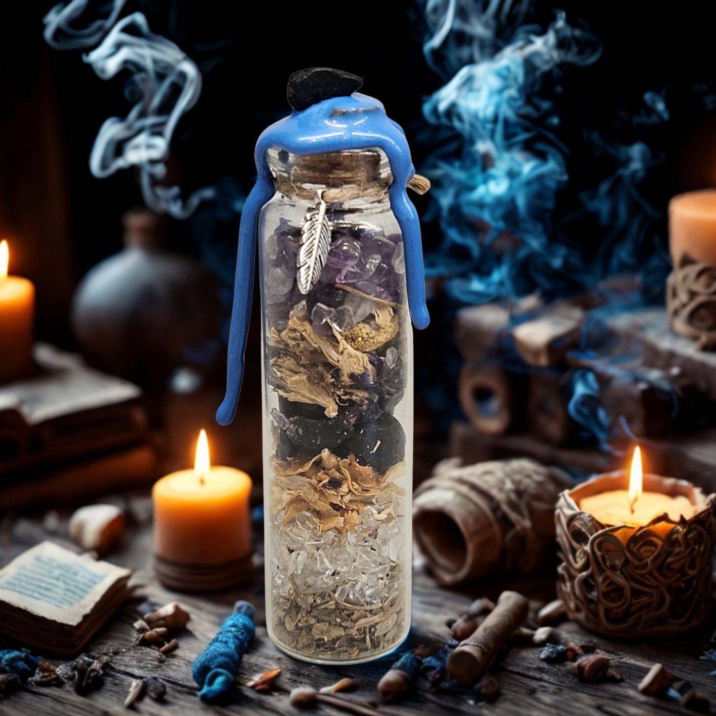 Stimmungsvolle Darstellung. Magisches Schutzglas mit schwarzen Kristallen, Schutzkräutern und kraftvollen Symbolen gegen negative Energien und Fremdeinflüsse