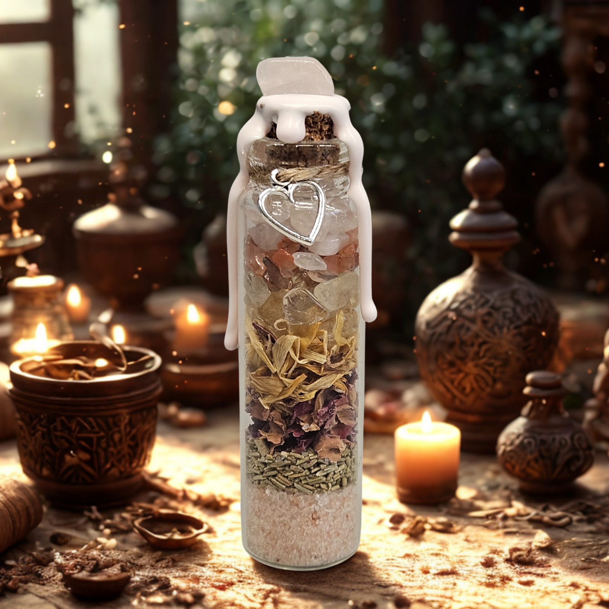 Zartes Spell Jar mit Rosenquarz stimmungsvoll dargestellt, Blüten und liebevoll ausgewählten Zutaten zur Erinnerung an den eigenen Wert und zur Stärkung der Selbstliebe