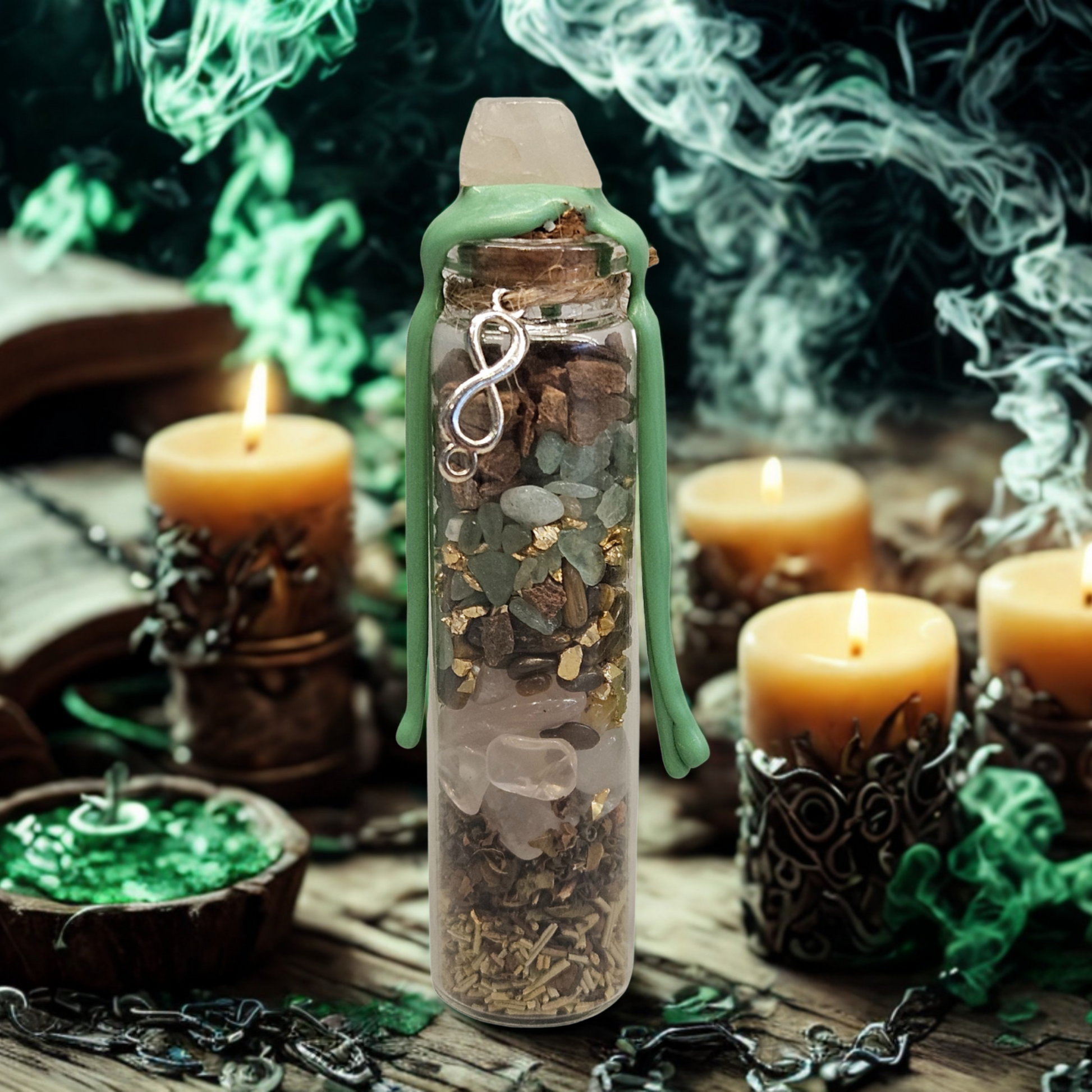 stimmungsvoll dargestelltes Spelljar. Energieglas mit Zimt, grünen Kristallen und Füllepflanzen zur Anziehung von Reichtum, Erfolg und energetischer Fülle