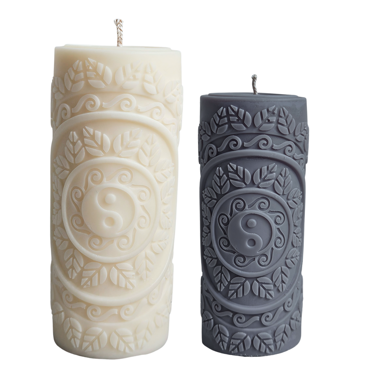 Yin-Yang Stumpenkerzenset – große weiße & kleine schwarze Kerze als Symbol für Ausgleich & Dualität