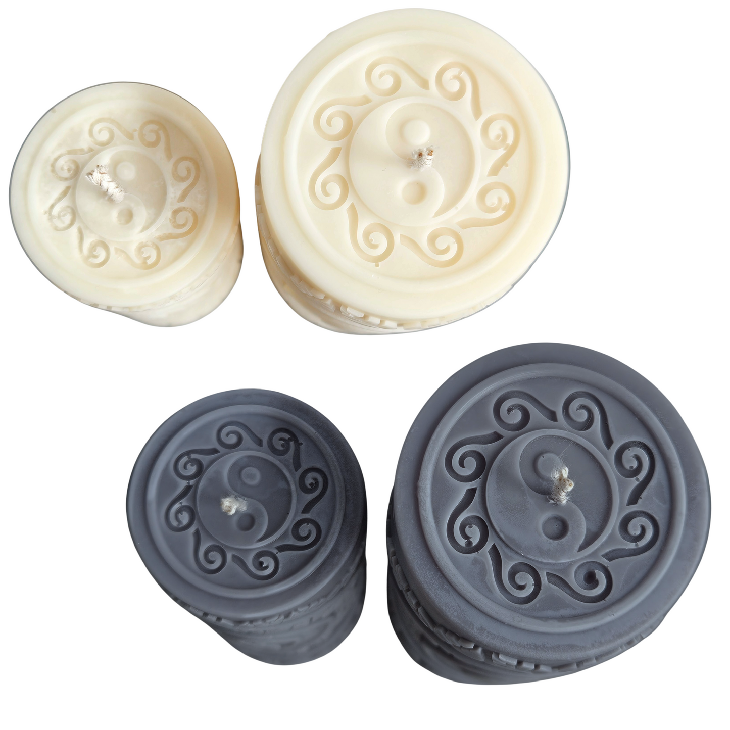 Draufsicht der Yin-Yang Stumpenkerzen – vereinte Gegensätze in minimalistischer Form