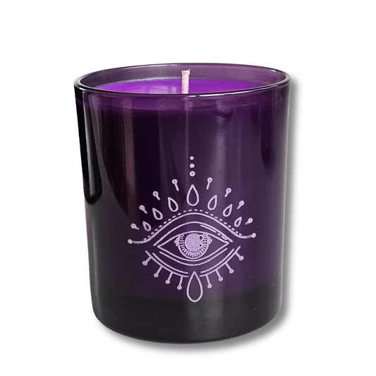 Drittes Auge Kerze aus violettem Glas mit violettem Sojawachs, spirituelle Intuitionskerze mit Starry Night Duft