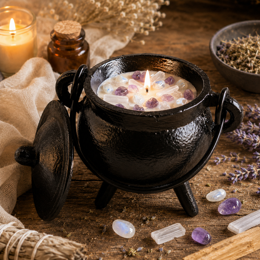 Brennende kleine gusseiserne Kerze auf Holztisch inmitten von getrocknetem Lavendel, Kristallen und einer Räucherstange.