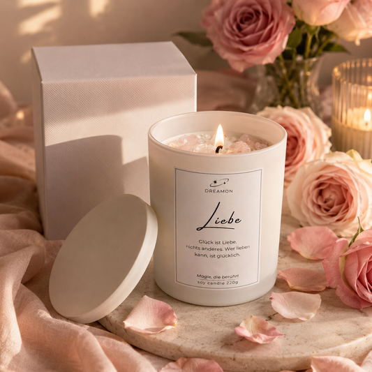 Stilvolle Duftkerze „Liebe“ von DreamOn im edlen weissen Glas mit passendem Holzdeckel. Ein liebevolles Geschenk für Wohlfühlmomente im Alltag.