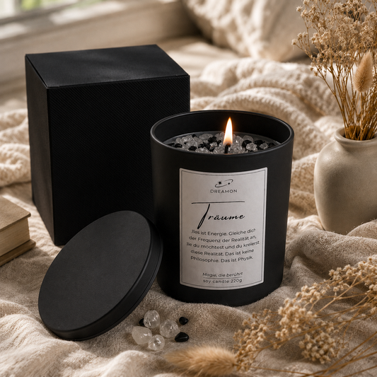 Inspirierende Edelstein-Duftkerze „Träume“ von DreamOn im schwarzen Glas mit Holzdeckel. Ein optisches Highlight aus Raps- und Kokoswachs für gemütliche und kreative Stunden.